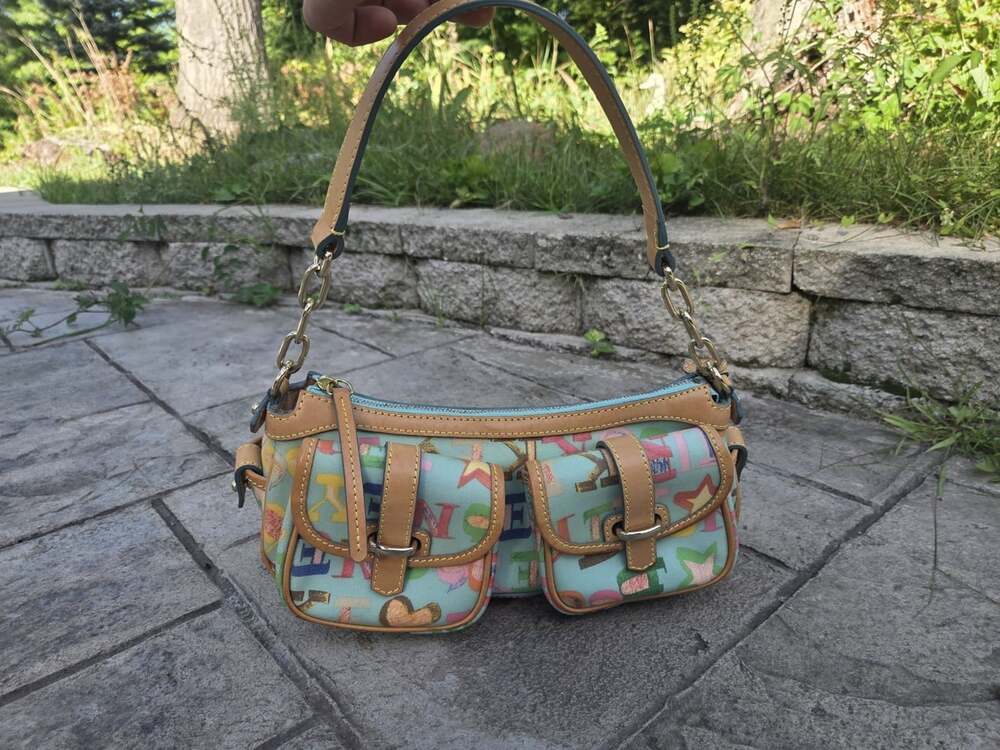Vintage Y2K Dooney & Bourke "IT" Multicolored Monogram Banana Shoulder Bag Purse - Picture 2 of 16